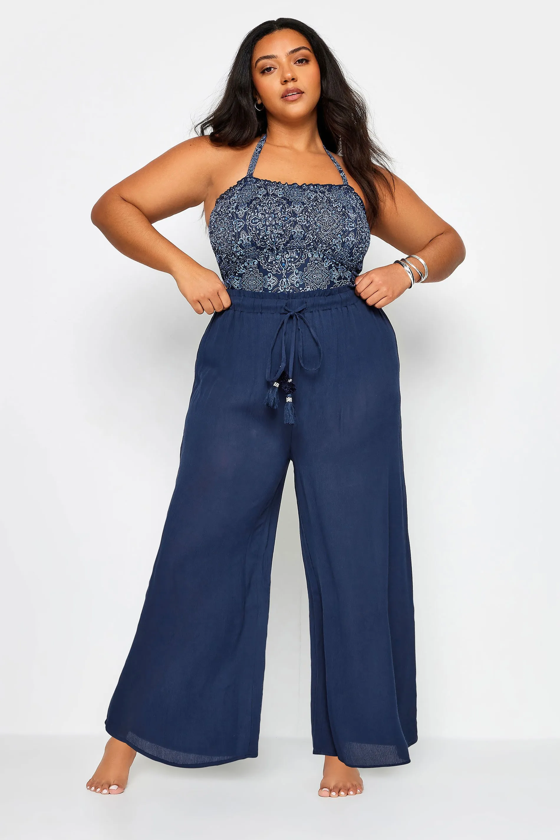 YOURS Curve Navy Blue Wide Leg Tassel Beach Trousers