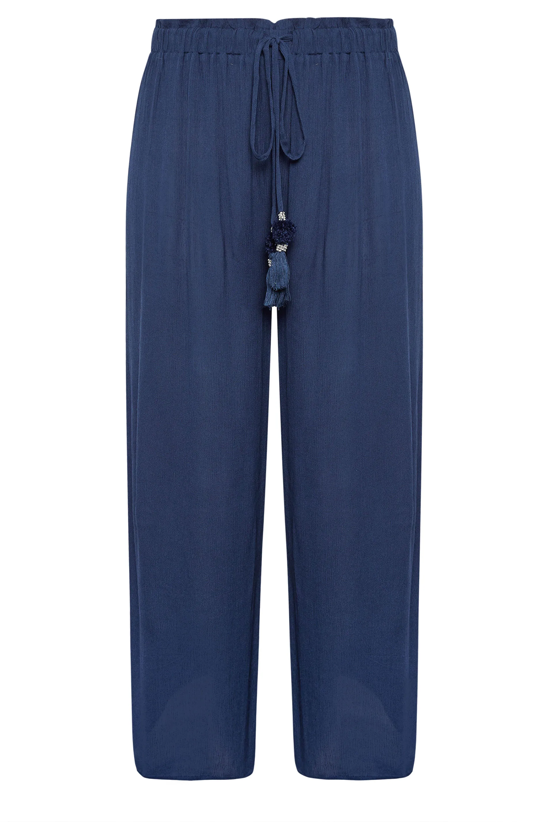 YOURS Curve Navy Blue Wide Leg Tassel Beach Trousers