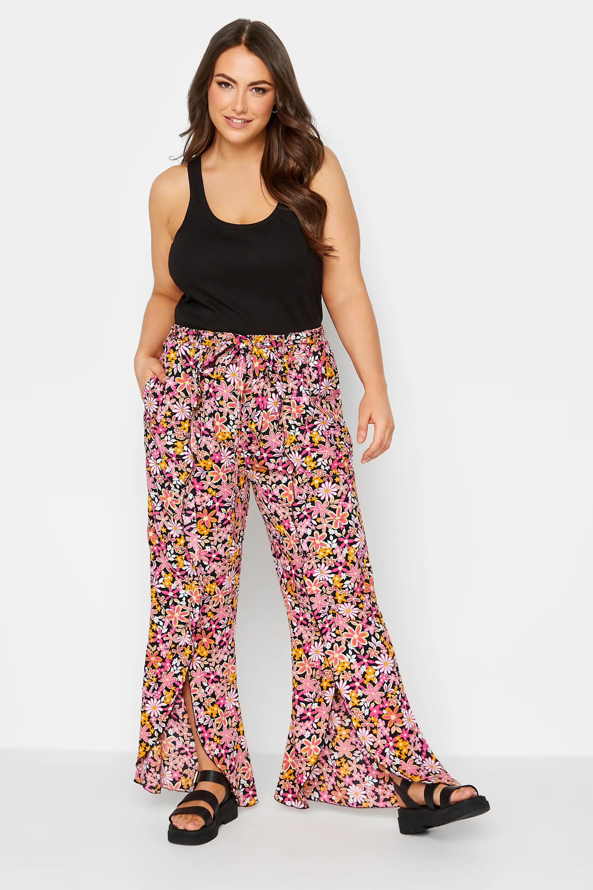 YOURS Curve Pink Floral Print Frill Wide Leg Trousers